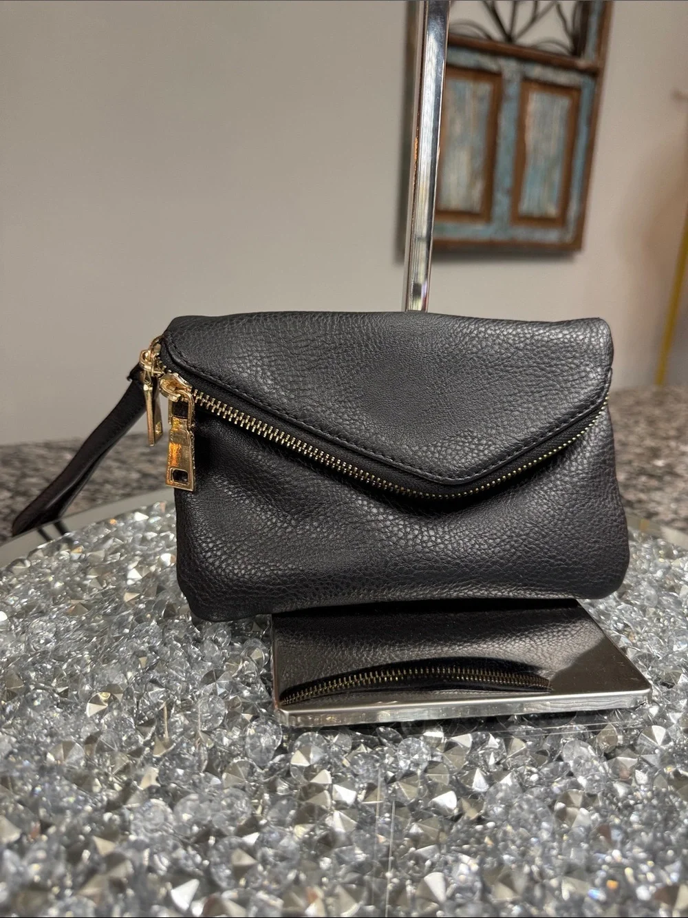 Urban Expressions Black Leather Wristlet Clutch with Gold Hardware EUC